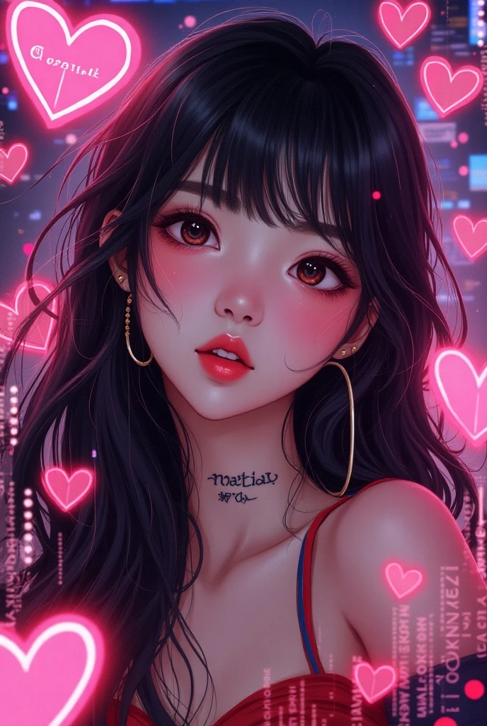 Little devil, heart-shaped tail, mature expression, eyeliner, tongue sticking out, shyness, wiggles, little devil's cute outfit, red lipstick, upturned eyes, blurred background of many balloons