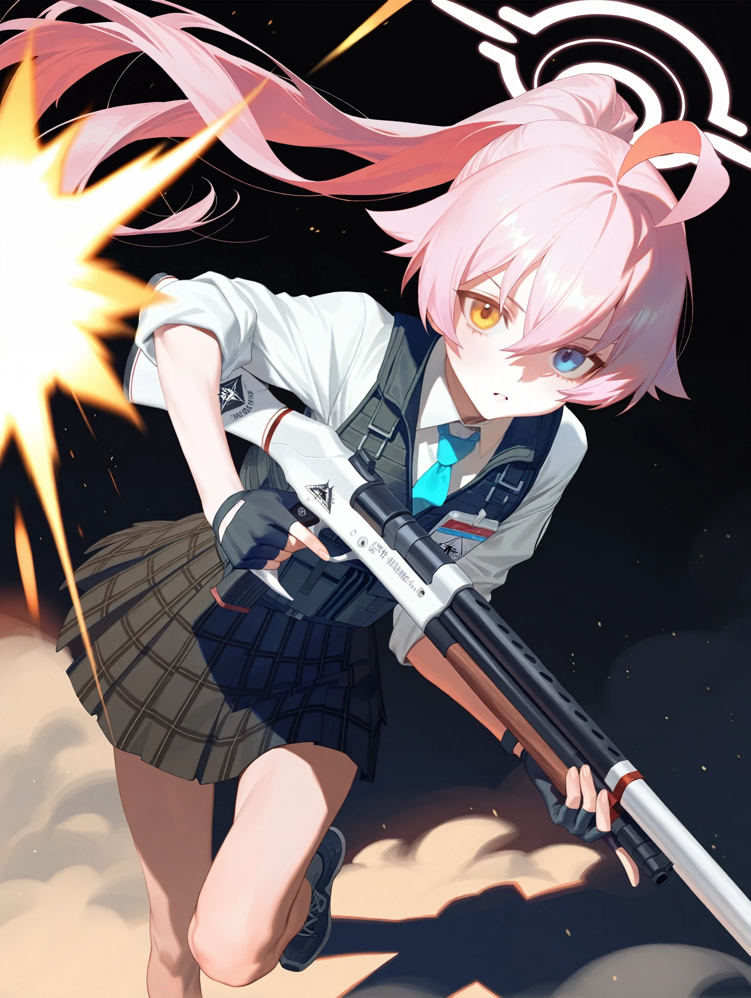 1girl, hoshino \(armed\) \(blue archive\), blue archive, lack, rei \(sanbonzakura\), airseal, (ciloranko:0.75), from above, dutch angle, feet out of frame, beretta 1301, shotgun, foreshortening, leaning forward, muzzle flash, floating hair, ahoge, steam, bulletproof vest, fingerless gloves, firing, hair between eyes, halo, holding gun, holding weapon, looking looking at viewer, parted lips, ponytail, froating, (shade:1.2), (orange theme:0.7), pleated skirt, standing on one leg, sidelocks, sleeves rolled up, solo, dust cloud, light particles, depth of field, black background, (leviathan \(hikinito0902\), modare:0.75),,masterpiece,best quality,amazing quality,very aesthetic,absurdres,newest,