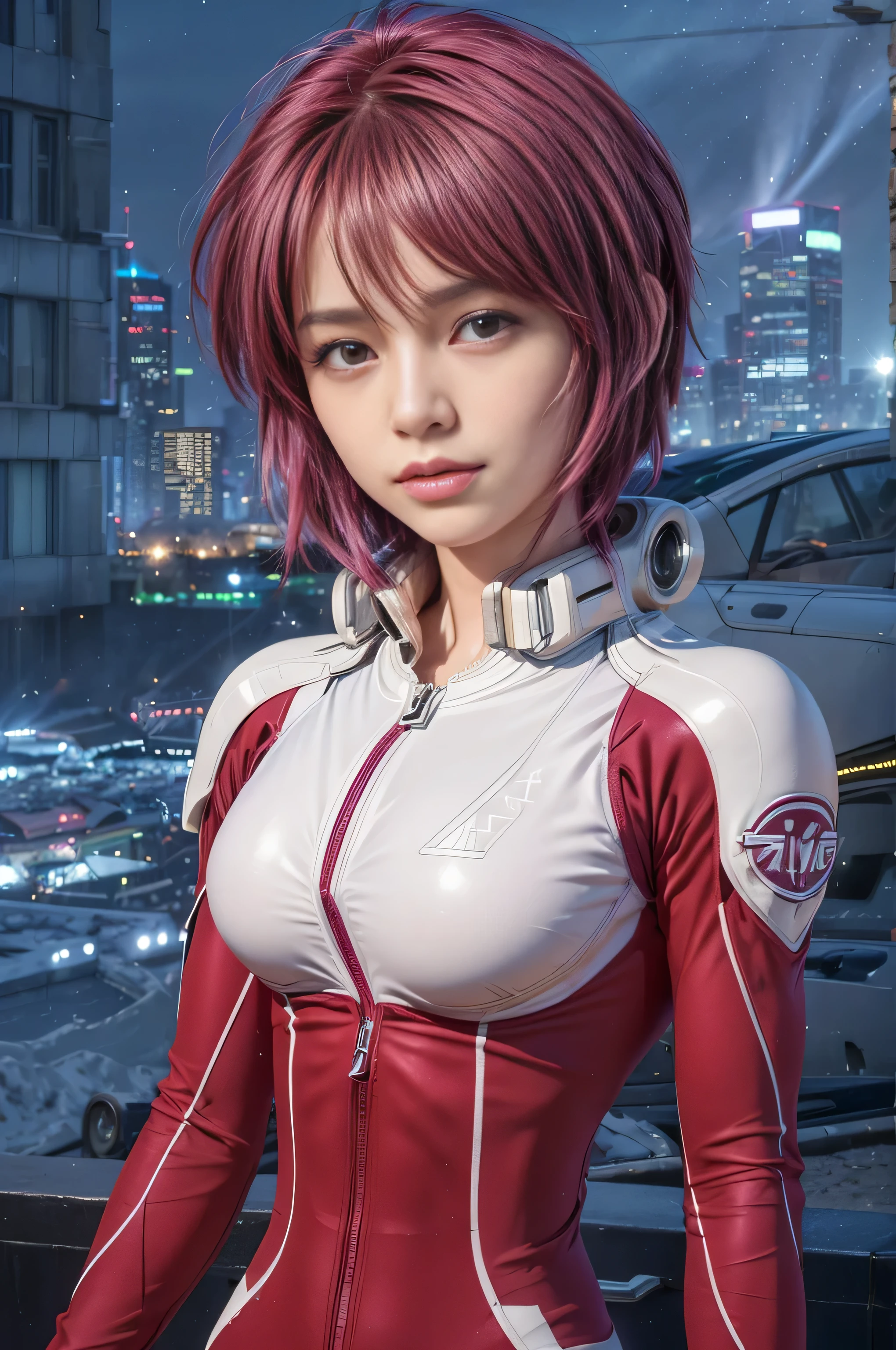 1 Girl, Beautiful, Baby Face, 20 Years Old, White Skin, pale skin, seductive poses, medium Breast, pilot bofysuit, Mecha Outfit, Blue Eyes, short hair, pink hair, Night Market Outdoor, brown Hair, HDR, 8k, Marterpiece, Extremely Realistic Detailed, Extreme Lighting, Extremely Best of Photography