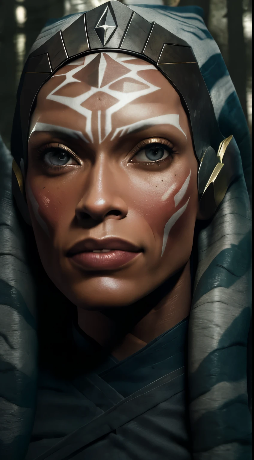ahsokatano woman, rosario dawson in dark forest, smirk, Photorealistic, Hyperrealistic, Hyperdetailed, analog style, hip cocked, demure, low cut, detailed skin, matte skin, soft lighting, subsurface scattering, realistic, heavy shadow, masterpiece, best quality, ultra realistic, 8k, golden ratio, Intricate, High Detail, film photography, soft focus