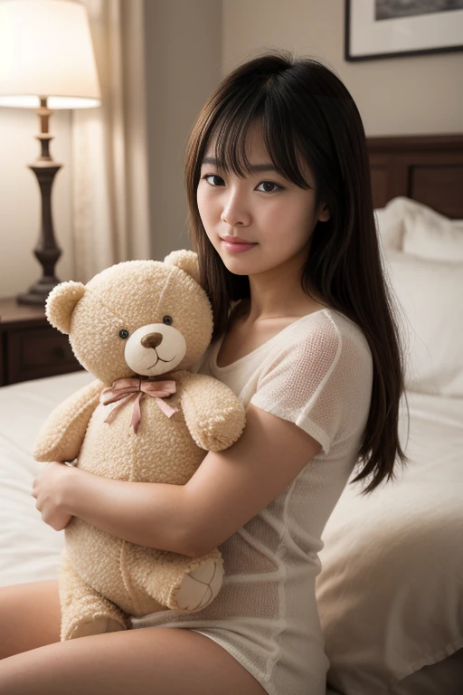 
Photographed with: Close-Up Shot, Shallow Depth of Field, Soft Lighting
A asian small chest girl (js) wearing a light-colored , sabina s and matching bottom is hugging a large, plush teddy bear. Her arm wraps around the teddy bear in a warm, affectionate pose, creating a cozy and intimate atmosphere. The shallow depth of field blurs the background slightly, drawing focus to her face and the bear. The backdrop features soft, pastel tones with simple line-art decor, complementing the gentle and relaxed mood of the image. Soft lighting highlights her natural expression and the fluffy texture of the teddy bear.