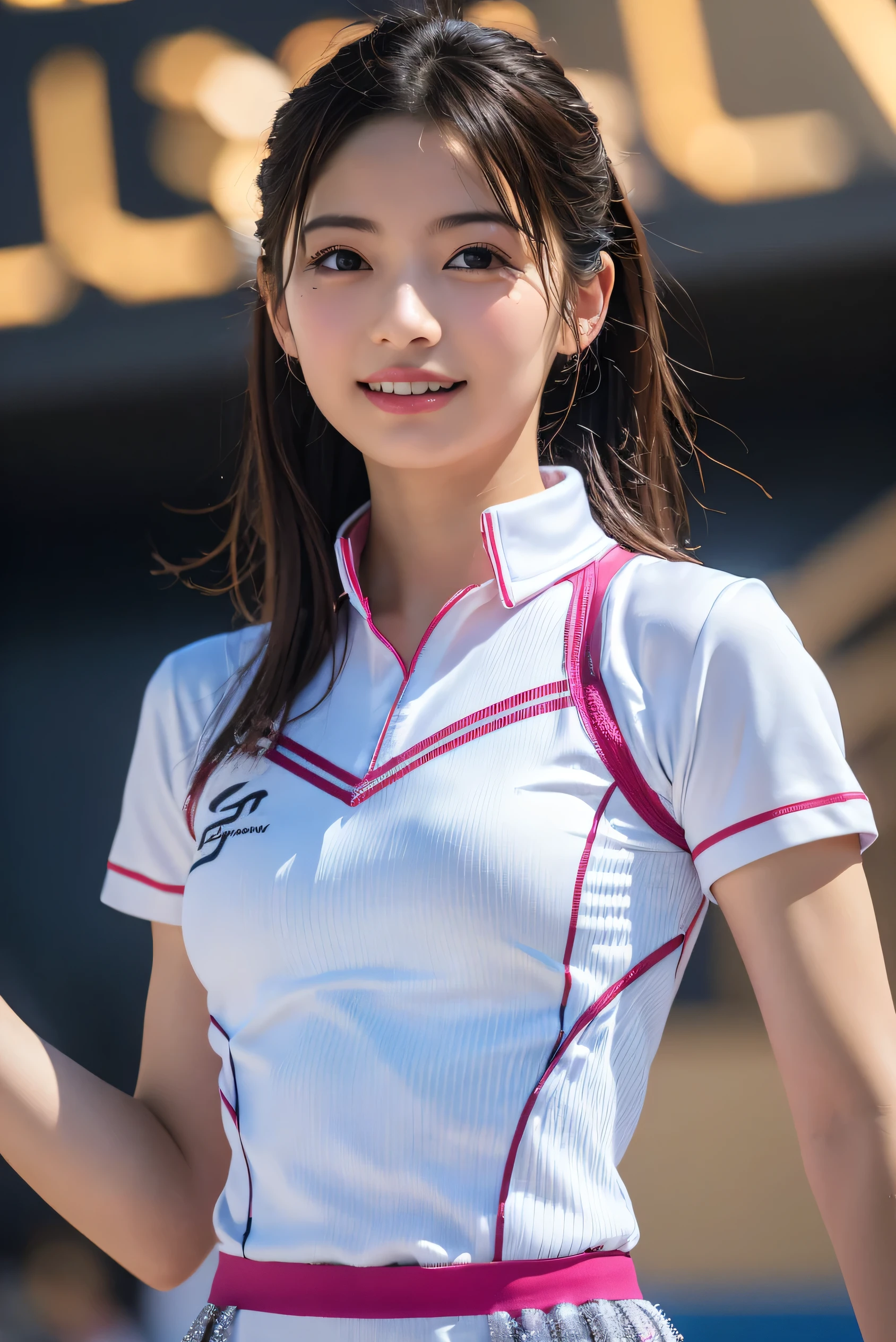 (Best-quality, Masterpiece, Ultra-High-Resolution, (Photorealistic:1.4), Raw Photo, depth of field, professional lighting, perfect anatomy, extremely details), 1girl, 15-years-old, the most famous Japanese idol, innocent smile, cowboy shot, (((standing on tennis-court in heavy-rain, (wearing extremely wet tennis-uniform from heavy-rain), extremely wet hair from heavy-rain))), (extremely cute face like the most popular Japanese idol, ((extremely cute and extremely big eyes)), extremely beautiful realistic-skins), extremely cute long-eyelashes, extremely cute lips, extremely wet thighs from heavy-rain