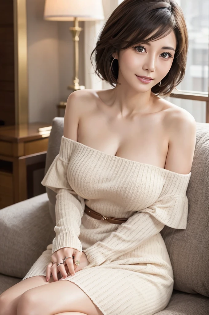 (The ultimate beautiful wife of Japan), Age 35,  super detailed faces on a mountain road at night, Detailed lips, (Big Eyes:1.4), double eyelid, ((Short black hair)), (Green)、(White teeth molding), ( let go of her lips), (( I'm wearing an off-the-shoulder knit dress))、((Beige knit dress))、(( Big Rich Breasts ))、((Thighs))、(( plump body ))、( cowboy shot:1.3), Accurately,  The Depth of Written Boundaries、Perfect image realism, background:((Sit with your legs spread out on a luxury sofa))、綿密なbackground,  Attention to Details in Costumes 、((Wedding ring on left ring finger)) , perfect lighting、 hyperrealism、 photorealistic 、Maximum resolution 8K, (masterpiece),  very detailed, professional