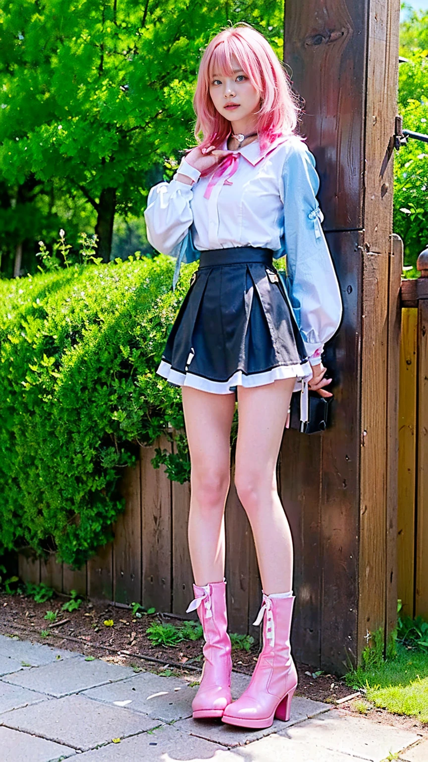 (8K, top-quality, masterpiece:1,2), (reallistic, Photorealsitic:1.37), Super Detail, One girl,), (Highly detailed), (beautifully detailed eyes), (of the highest quality), (super detailed ), (masterpiece), (Detailed face),20yr old, ,1 girl, ((pink hair,Very short hair)), medium breasts, clothed, Perfect Lighting, BREAK (white high neck fancy casual monochrome striped tight sweater with long sleeves and long hem:1.4), (black multiple-tier Detailed frilled skirt:1.5),(panty:1.4),(fancy motif black edge striped high socks:1.6), (monochrome sneakers:1.5), BREAK bangs on left side, earring on right ear, smiling, eyes looking at camera, right hand on hip, left hand raised above head, left leg slightly bent, park with trees and bench in background, fallen leaves on ground, clear blue sky, natural light, soft shadow on face, contrast of light and shadow on clothes and skirt frills