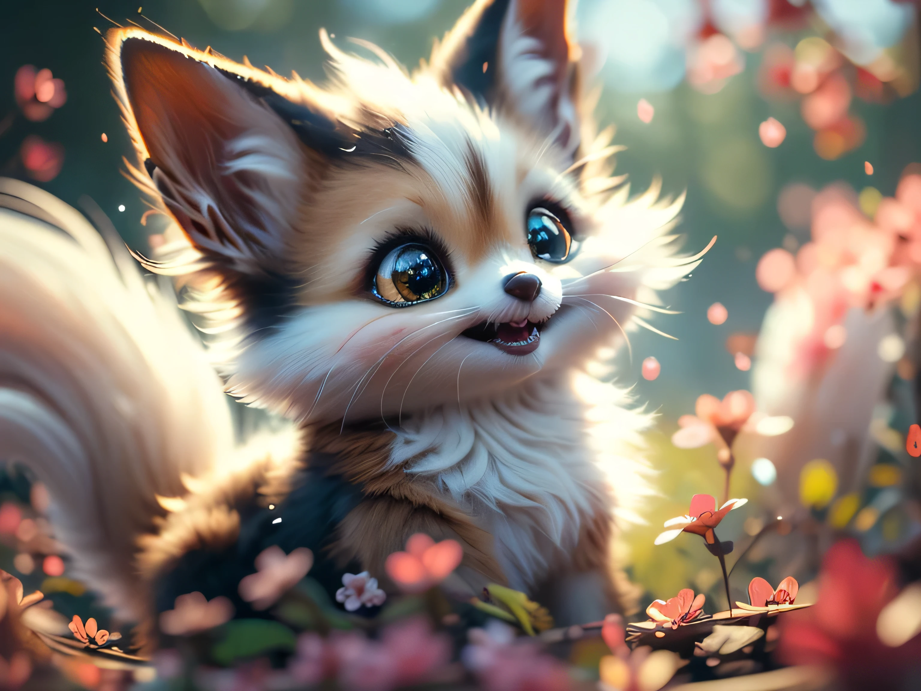 Magical Fantasy Creature, (Best Quality, Masterpiece, Representative Work, Official Art, Professional, Ultra Fine Detail, 8k:1.3), (Photorealism:1.2), Fox Spirit, Super Cute, Big Eyes, Soft, Delicate Nose, Fluffy, Two-Toothed Smile, Cute Fennec Fox Ghost, Realistic, Beautiful, Sparkling, Stars in Eyes, Star Pearl, Fox Lights, Soft Volumetric Light, (Backlight:1.3), (Cinematic:1.2), Intricate Details, (ArtStation:1.3), --auto --s2