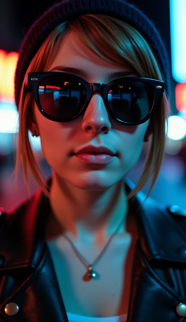 Face close up, alternative girl, watching over black sunglasses, jacket, necklace, neon light reflections on skin, ear ring, makeup, skin imperfection, short hair, beanie, neon lights background, low light, depth of field, highly detailed, high contrast, film grain, Rim Lighting, Long Exposure, DSLR