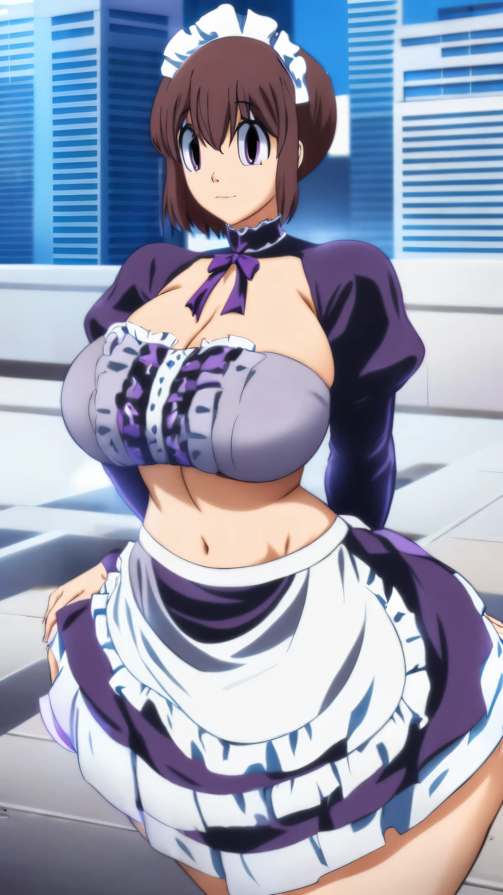 A happy maid woman beautiful big breasts beautiful sexy cute attractive big dark brown hair disheveled cut her light yellow eye big eyelashes purple maid top dresses shows her navel and dresses metallic purple maid skirt