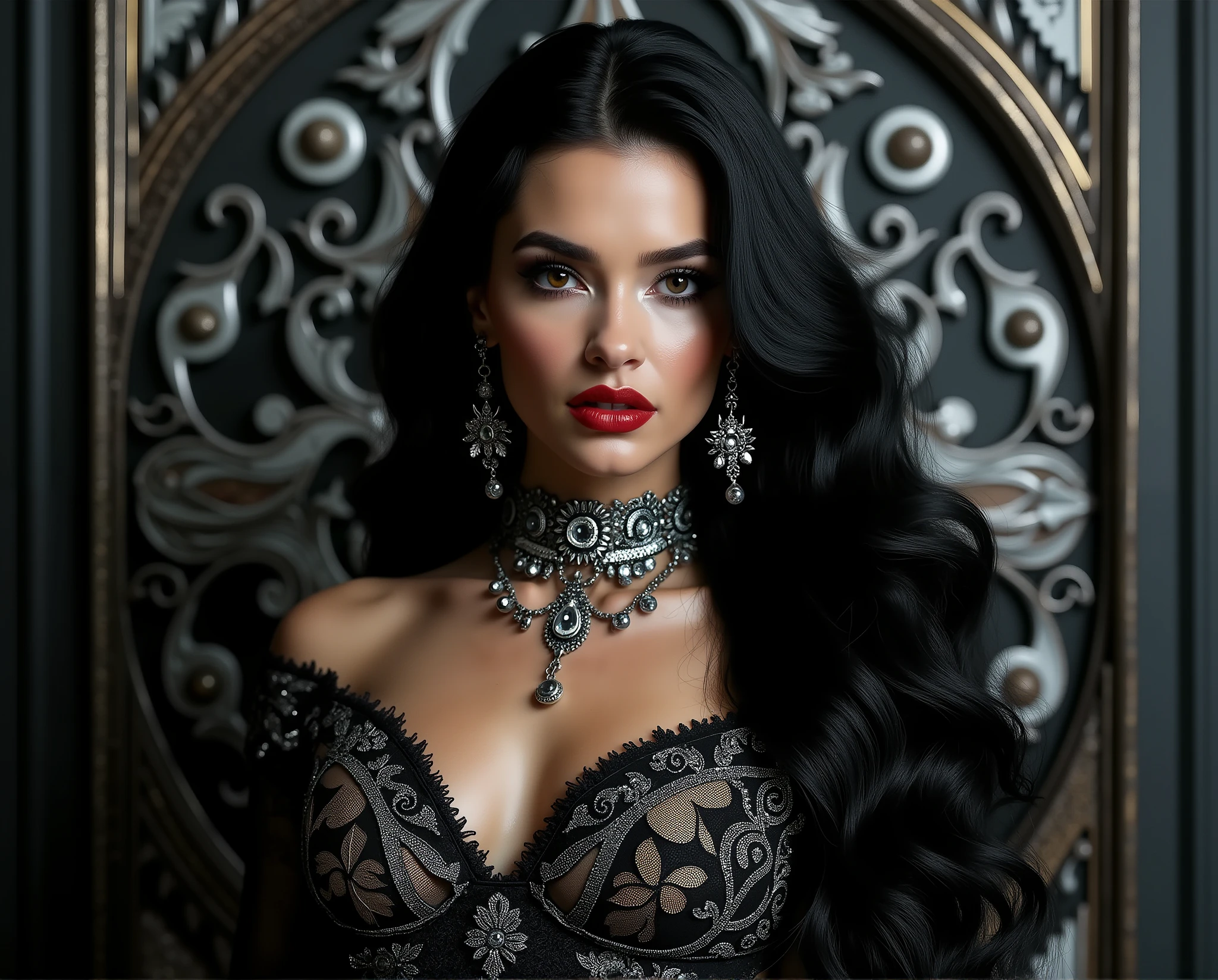 Create a photo realistic hyper realistic heavily tattooed, perfect face, thin curved natural eyebrows, long luscious eyelashes, black eyeliner, black eye shadow, curved lips, bright lipstick, long luscious natural hair, black lace choker collar, golden ratio body, black corset, black thong, sitting in a bed one and in hair the other hand over mouth,