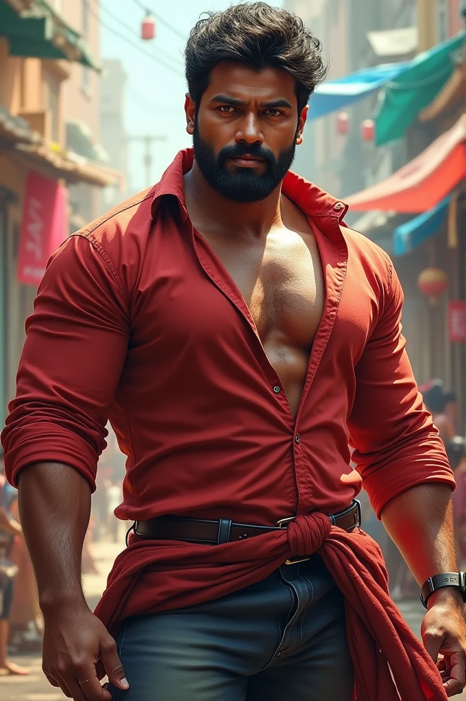 A sexy indian man wearing red shirt, nsfw, homoerotic, masterpiece, detailed background, movie like visuals, crisp and clear photo, realistic, colourfull, best quality photo, cinematic lighting
