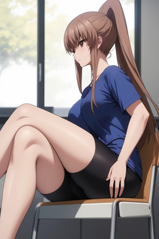 masterpiece, best quality, absurdres, 1girl,  
Kazane brown hair, long hair, brown eyes, ponytail, t-shirt, bike shorts, thighs, thick legs, long legs,
BREAK  nice hands, perfect hands, beaufitul hand, beautiful finger, indoors, (perfect anatomy), thick thighs, large breasts, sitting, crossed legs, side view,