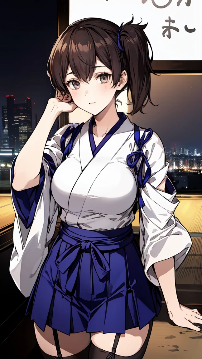 (score_9, score_8_up, score_7_up, score_6_up, score_5_up, score_4_up , anime coloring (masterpiece, highest quality) detailed, kaga (kancolle), {{kaga kai ni (kancolle)}}, side ponytail, brown eyes, black hair, Super sexy japanese clothes, blue hakama, hakama short skirt, 　，(zettai ryouiki black Net tights and garter belt) , Observatory with night view of Tokyo