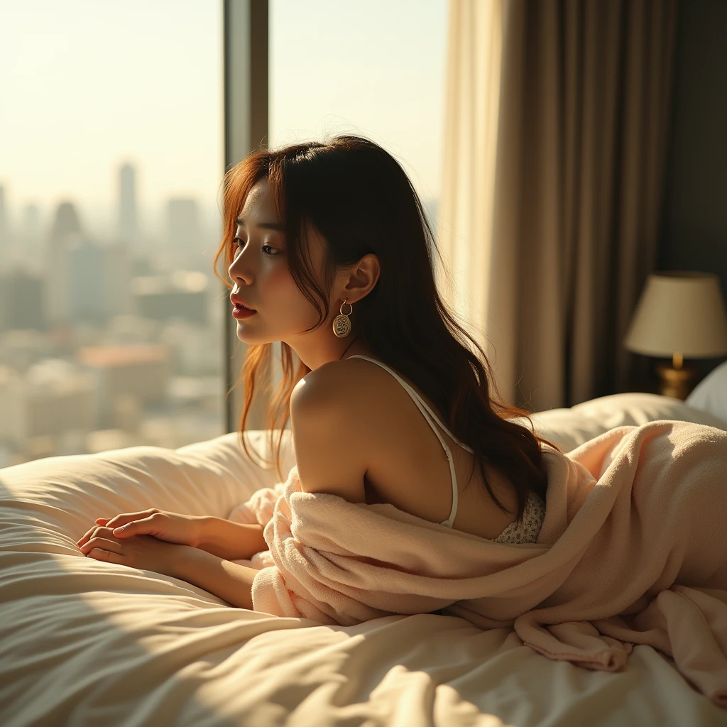 A room in a city hotel, In the morning sun by the window , シャワー浴びた可愛い Japaneseの女性がバスローブ姿でベッドにうつ伏せで横たわっている,  Japanese, A melancholic look,  see-through bikini lingerie ,  lace lingerie,  topless,  Ultra HD,  ultra high resolution,  Ultra High Definition, Detailed depiction,  Hasselblad , Photo quality, Long Hair,  widescreen ,  anatomically correct,  big breasts at the temple, quality,  very detailed,  Textured Skin,  very tanned skin , 最高quality, accurate, hide one eye hair, Super long hair,  big breasts at the temple,  hoop earrings,  open your mouth slightly ,  heavy makeup,  wide angle shot, Blonde,  gradation color hairstyle with a woman standing alone, とてもLong Hair, Full body portrait, Rear view, Bright interior, Overlooking, 