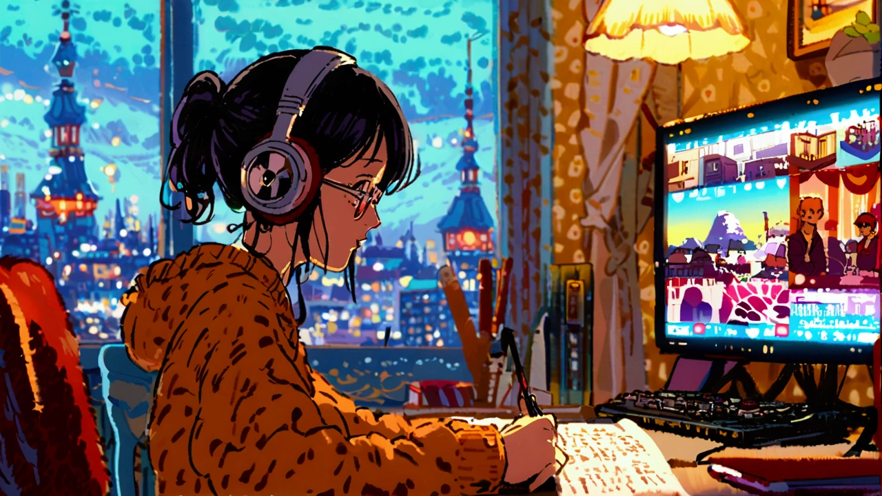 Left Profile、I'm sitting and writing 、  headphones、Glasses、  fashionable、 vintage 、 TV that says LoFi、 in the room、 Calm Atmosphere 、night、Ghibli style、