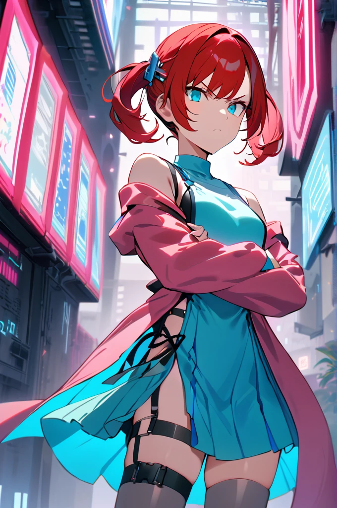 masterpiece,best quality,1girl,dscs-nokia,short hair,red hair,short twintails,hair ornament,sideless dress,aqua dress,pink jacket,gray thighhighs,thigh strap,standing,(crossed arms),legs apart,serious,wind,looking at viewer,cyberspace,blue neon lights,cowboy shot,