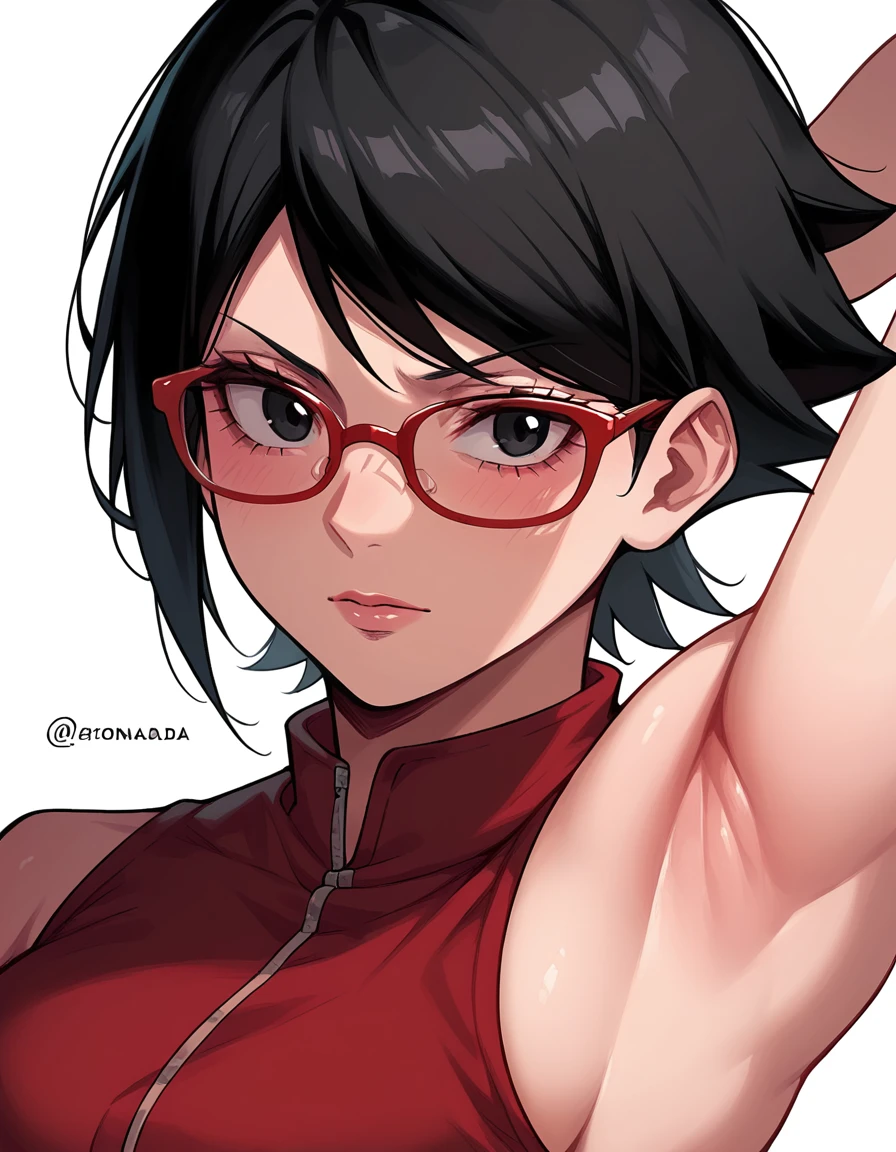 Sarada Uchiha,  Short Hair , black hair, black eyes, red-framed eyewear, glasses, swept bangs,armpit