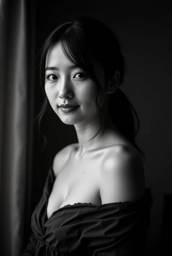  "A black-and-white fine art (((grain))) portrait of a woman in soft, moody lighting, her bare shoulder draped with a loose, dark fabric. She gazes downward with a gentle smile, casting a look of quiet introspection and subtle allure. The delicate interplay of shadows enhances the contours of her face and collarbone, capturing a smooth, almost luminous quality on her skin. A soft, shallow depth of field isolates her from the background, lending the image a sense of intimacy and warmth. The overall atmosphere is calm, with a subtle grain adding a timeless, film-like texture to the photograph."