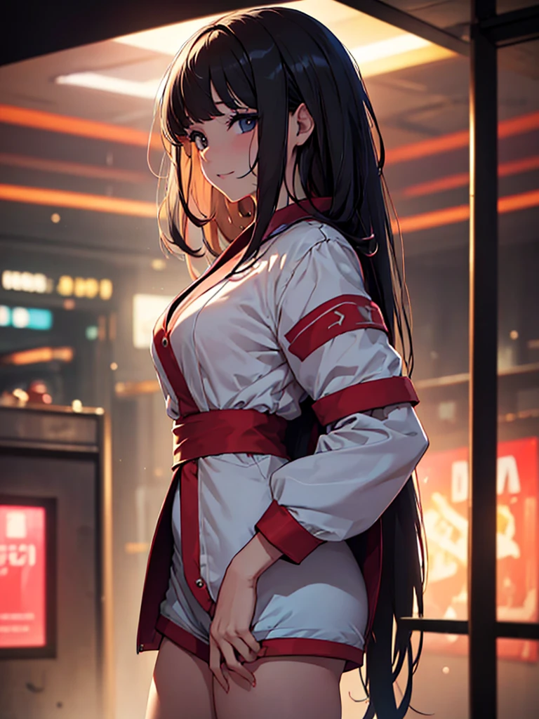 (masterpiece、top-quality、hight resolution、Unity 8k Wallpaper、extremely details CG:1)、In a dimly lit nightclub, a provocative woman stands at the center of attention. She is wearing a long coat, ((which she has dramatically opened wide to reveal a scandalous outfit or just lingerie underneath.)) The woman is facing forward, looking directly at the viewer with a bold, teasing expression on her face. Her pose is confident and daring, exuding an aura of seduction. The background features typical nightclub elements such as neon lights, a bar, and silhouettes of other patrons. The overall mood is one of boldness, allure, and provocation. nsfw, ((grin, red ribbon, ))