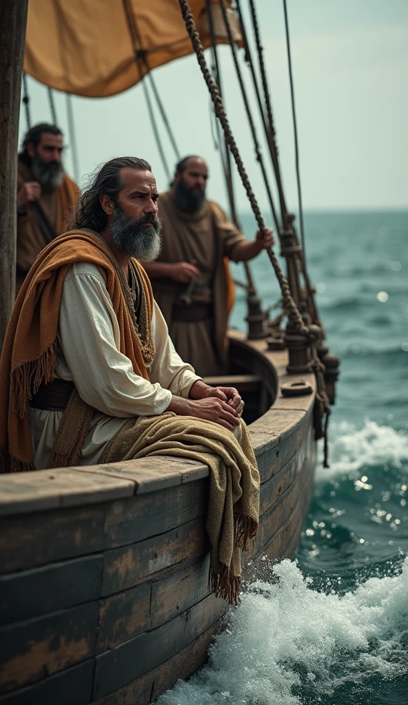 Jonah, a bearded Middle Eastern prophet dressed in simple, worn clothes, sits anxiously in a wooden boat amidst a turbulent sea. The boat is crowded with sailors, some looking fearful and others holding onto the mast as strong winds whip through the air. The sailors are dressed in typical ancient seafaring attire, and the rough, dark waves crash against the sides of the boat.
