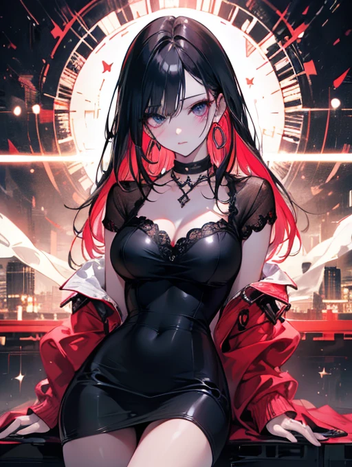 (masterpiece, best quality), 1girl, 16yo, realistic, black dress, red tie, goth, (red panties), upskirt, sprad legs, vibrant colors, abstract background, lines geometric, night, dark theme, high contrast, deep shadows