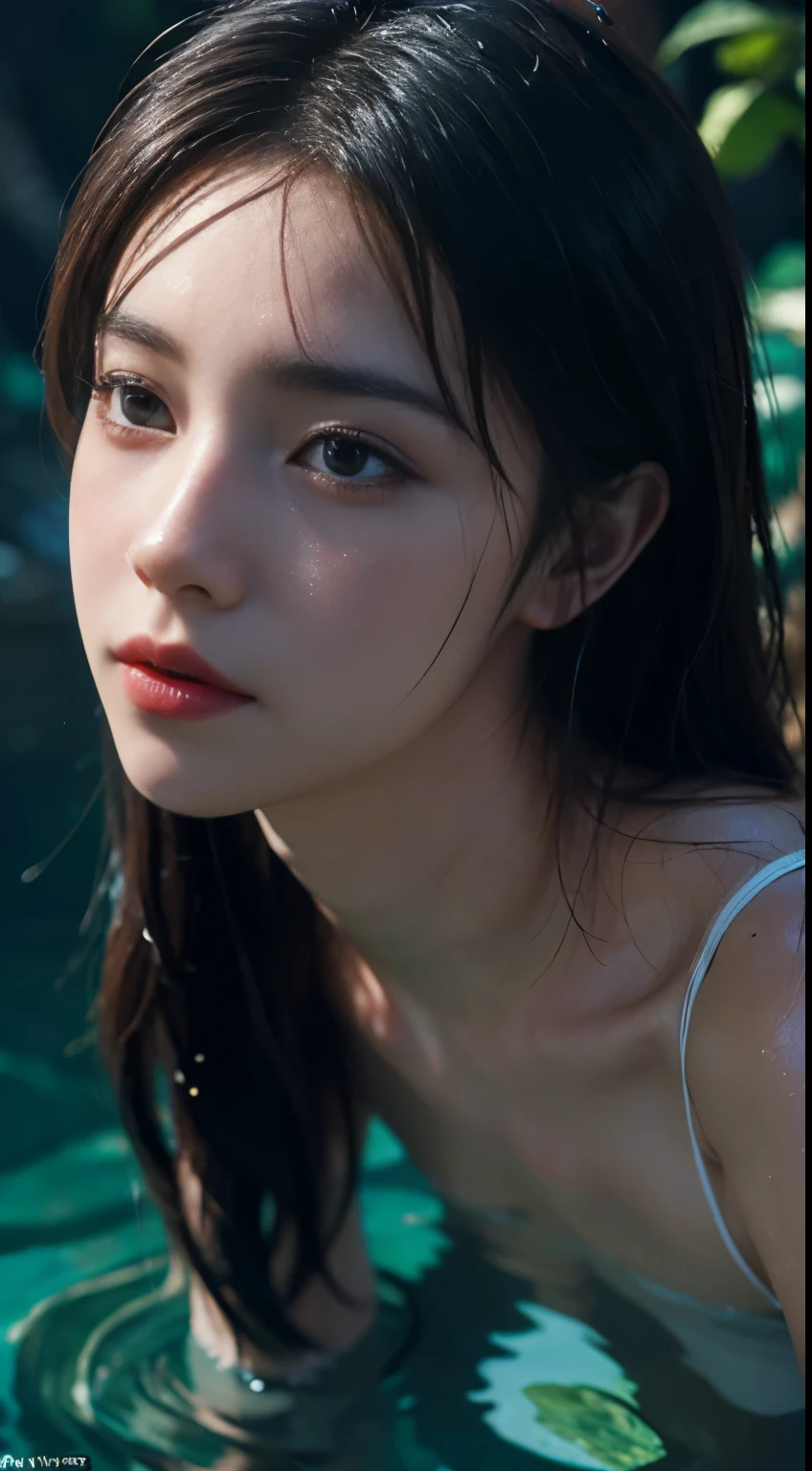 masterpiece, best quality, 1girl, outdoors, black hair, glowing, night sky, yellow eyes, looking back, long hair, butterfly, water,
