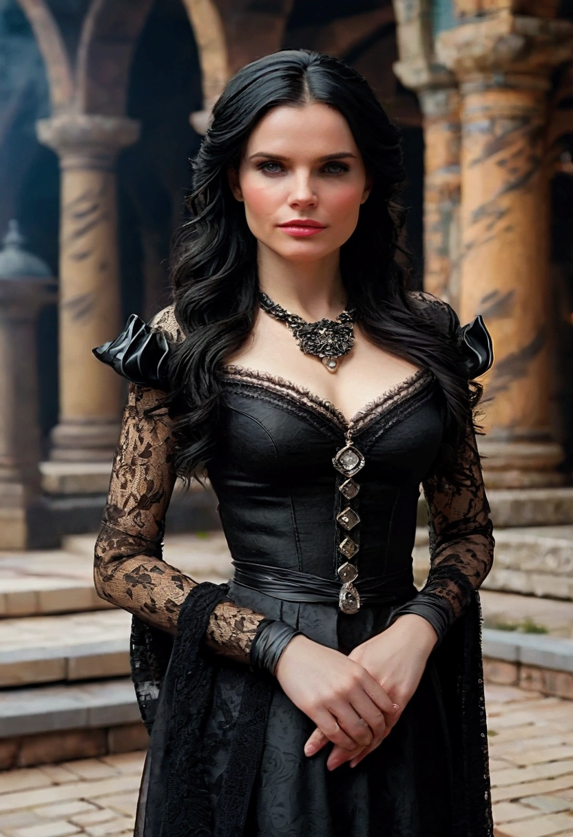 Masterpiece, Yennefer of Vengerberg, intricately detailed background, (UHD, 8K wallpaper, High resolution), Cinematic lighting, award-winning, extremely detailed skin, extra detailed face, high detail eyes, photo-realistic, Zeiss 85 mm F/1.4, by Ellen von Unwerth