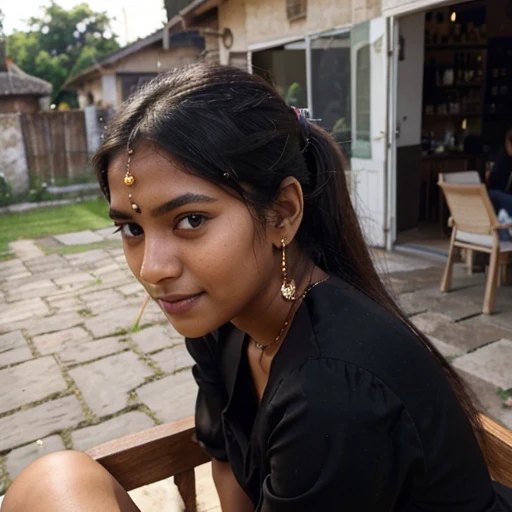 ((self-taken photo)), natural colors, ((selfie photo)), of a 16-year-old Sri Lankan woman named Priya, (dark long ponytail hair), dark fair skin, black eyes, feminine features, Android, mobile quality, mobile focus, tack smooth, Instagram filter, TikTok filter, detailed face, detailed eyes, oiled skin, profile picture, smiling, ((sitting inside a village)), ((black dress, ladies jewelry)), natural lighting.