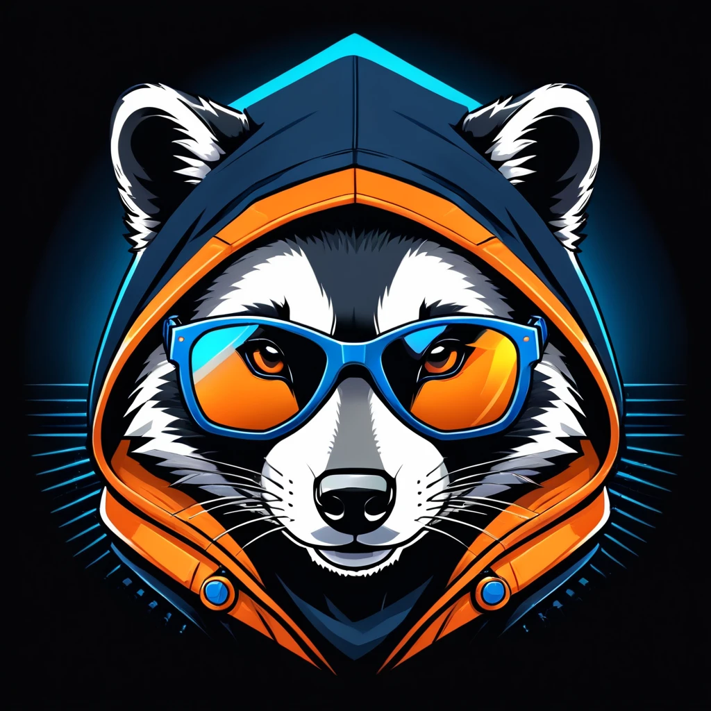 neonpunk style badger head with hood and sun glasses, futuristic style, t-shirt design, flat colors, vector art, ((black background)) . cyberpunk, vaporwave, neon, vibes, vibrant, stunningly beautiful, crisp, detailed, sleek, ultramodern, orange highlights, dark blue shadows, high contrast, cinematic, ultra detailed, intricate, professional