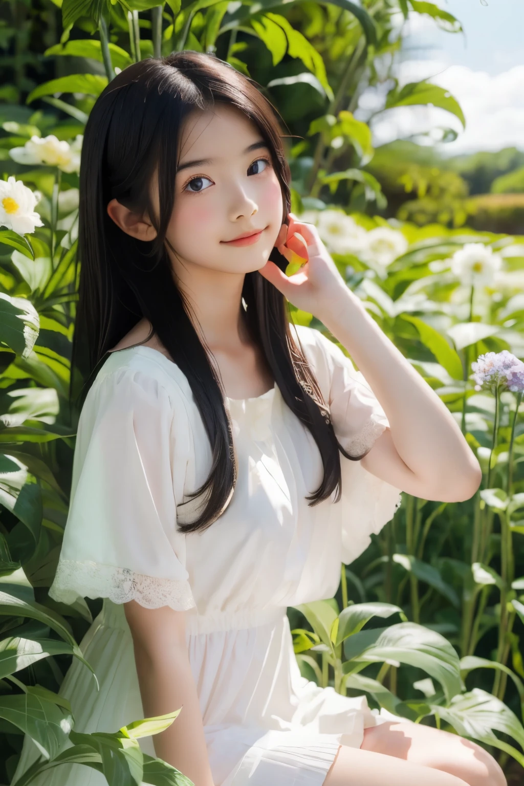 (masterpiece, best quality),1girl with long black hair sitting in a field of green plants and flowers,her hand under her chin,warm lighting,white dress,