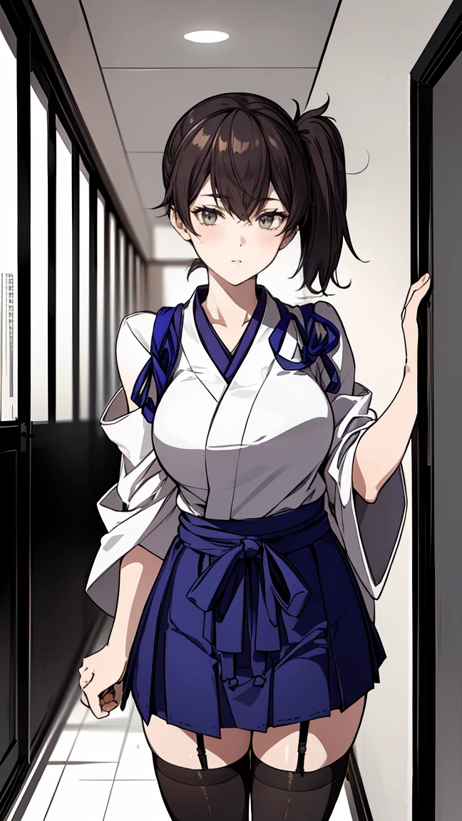 (score_9, score_8_up, score_7_up, score_6_up, score_5_up, score_4_up , anime coloring (masterpiece, highest quality) detailed, kaga (kancolle), {{kaga kai ni (kancolle)}}, side ponytail, brown eyes, black hair, Super sexy japanese clothes, blue hakama, hakama short skirt, 　，(zettai ryouiki black Net tights and garter belt) , A night view of Tokyo can be seen from the corridor of a high-rise apartment building.