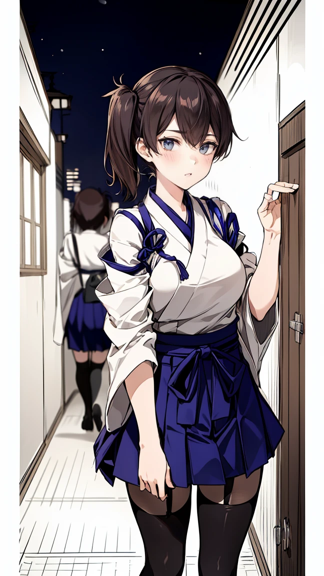 (score_9, score_8_up, score_7_up, score_6_up, score_5_up, score_4_up , anime coloring (masterpiece, highest quality) detailed, kaga (kancolle), {{kaga kai ni (kancolle)}}, side ponytail, brown eyes, black hair, Super sexy japanese clothes, blue hakama, hakama short skirt, 　，(zettai ryouiki black Net tights and garter belt) , A night view of Tokyo can be seen from the corridor of a high-rise apartment building.