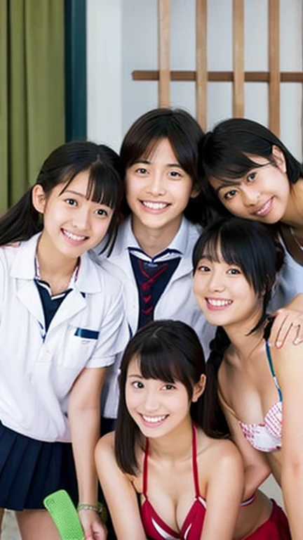 ８K masterpiece,highest quality,(realistic:1.2),(Upper body:1.1),(looking at the viewer:1.3),W3T,wet thin white shirt,(beautiful face:1.2),long hair,(sweaty skin:1.2),(scatter:1.2),A trio of idol-like young faces,Small beautiful breasts,small areola,3 cute 18 year old Japanese girls,spread legs,back hug,large number of women