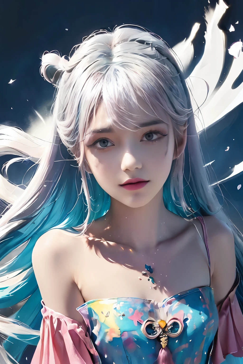 (Pink fashion T-shirt: 1.9), (Colorful hair: 1.8), (Rainbow all colors: 1.8), (((Vertical painting: 1.6))), (Painting: 1.6), Front, manga, illustration, painting, big eyes, crystal clear, (rainbow gradient high ponytail: 1.7), delicate makeup, shut up, (small freshness: 1.5), (bandeau: 1.6), long eyelashes, white off-the-shoulder T- shirt, White Shoulder Shirt, looking at the audience, Big watery eyes, (rainbow hair: 1.6), color splash, (solo:1.8), color splash, color explosion, colour splash, color explosion, thick lacquer style, messy lines, ((shining)), (colorful), (colorful), (colorful), colorful, Thick Paint Style, (Splash) (Color Splash), Vertical Painting, Upper Body, Paint Splash, Acrylic Pigment, Gradient, Paint, Highest Image Quality, Masterpiece, Solo, Depth of Field, Face Paint, colorful clothes, (elegance: 1.2), gorgeous, long hair, wind, (elegance: 1.3), (petals: 1.4), ((masterpiece))), ((best quality))), (ultra-detailed), (illustration), (dynamic angle), (floating), (paint), ((loose hair)), (solo), (1girl), ( ( ( detailed anima face))), (( Beautiful detailed face)), collar, exposed shoulders, white hair, ((colored hair)), ((striped hair)), beautiful detailed eyes, (gradient eyes), (colored eyes))), (colored background))), (high saturation))), ((surrounded by colorful splashes))),