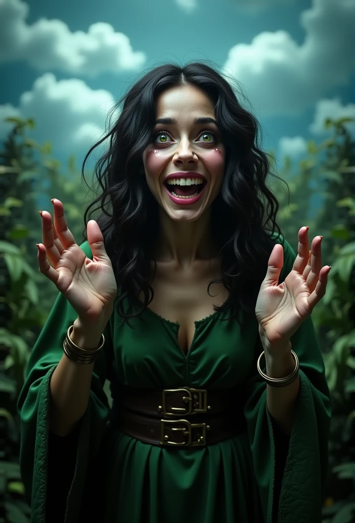 masterpiece photo of a dark-haired full-length sorceress with green eyes dressed in a magical dress actively says something while gesticulating, a cheerful facial expression, blush, interesting dynamic pose, against the background of college of magic, a rich blue sky with clouds, a lot of vegetation, bright colors, intricate bizarre color combinations, horror, creepy