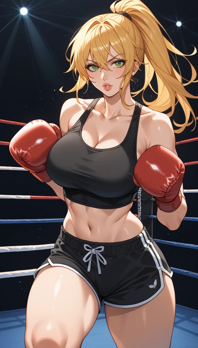   2D anime image , ( anime style 1 ),  a female boxer , Alone,   boxing ring at an empty gym , night, one-sided fight ,  blond hair with messy bangs , black top and very short green lycra shorts, thick thighs ,,  red boxing gloves , ( detailed boxing gloves 1 ), hematomas, full lips 