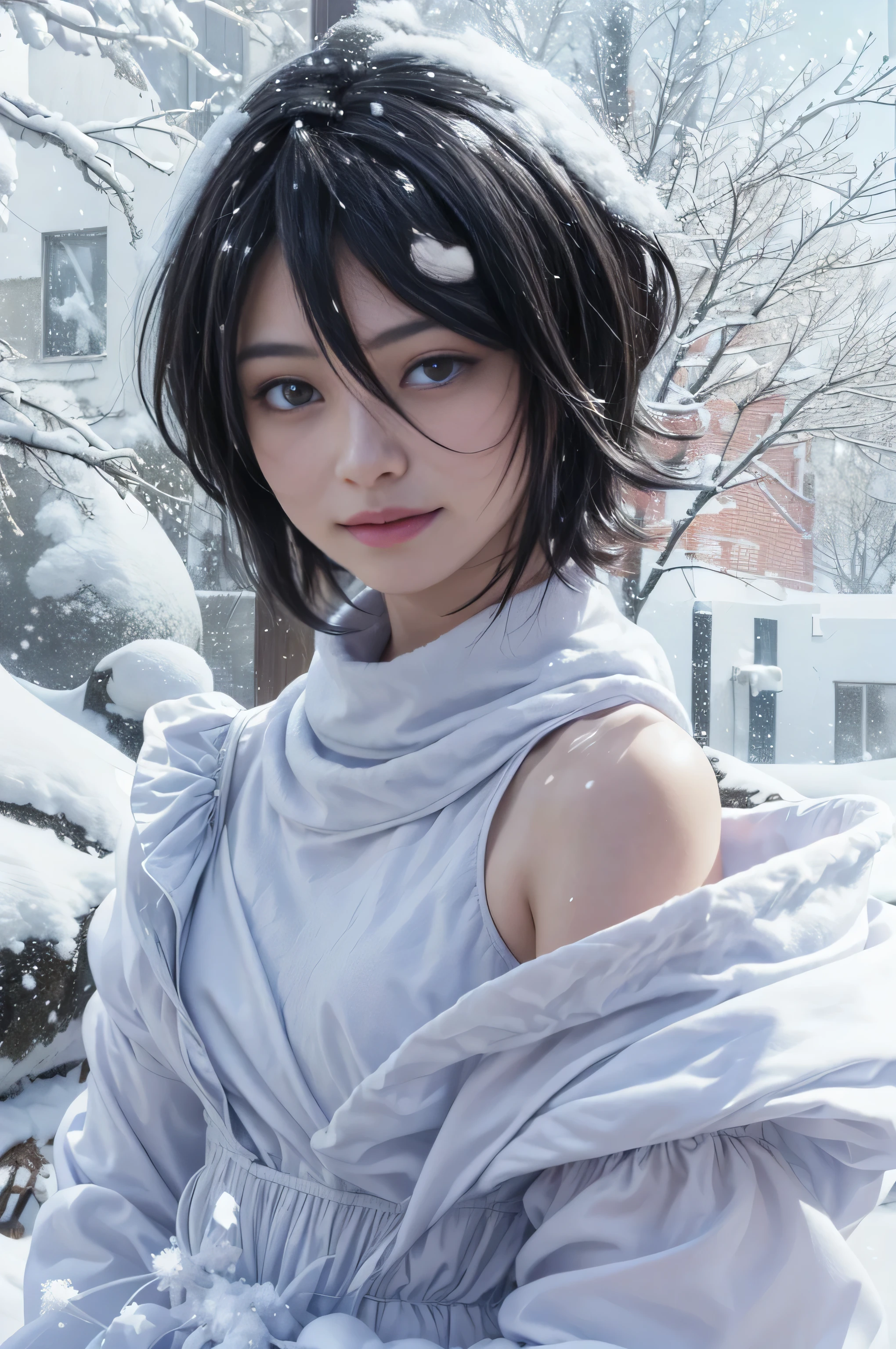 masterpiece, best quality, (realistic,photo-realistic:1.4), (RAW photo:1.2), extremely detailed CG unity 8k wallpaper, delicate and beautiful, amazing,finely detail, official art, absurdres, incredibly absurdres, huge filesize, ultra-detailed,extremely detailed eyes and face,light on face,rukia,(little smile),(black hair:1.4),(short hair:1.6),(wearing dress:1.5),(winter background1.3),(snow on body:1.5)