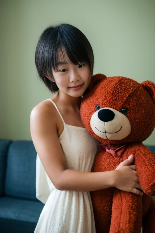 
Photographed with: Close-Up Shot, Shallow Depth of Field, Soft Lighting
A asian small chest girl (js) 5- wearing a light-colored , sabina s and matching bottom is hugging a large, plush teddy bear. Her arm wraps around the teddy bear in a warm, affectionate pose, creating a cozy and intimate atmosphere. The shallow depth of field blurs the background slightly, drawing focus to her face and the bear. The backdrop features soft, pastel tones with simple line-art decor, complementing the gentle and relaxed mood of the image. Soft lighting highlights her natural expression and the fluffy texture of the teddy bear.