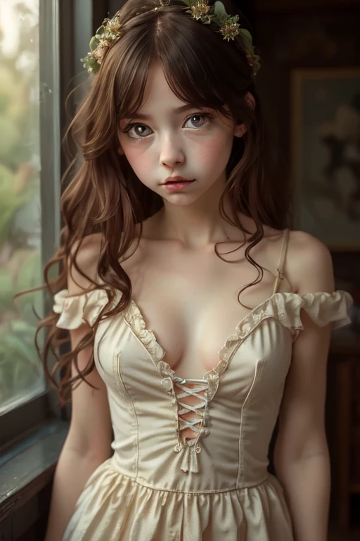 (masterpiece, best quality:1.2), 1 girl, pure devine pale skin, detailed, alone，big eyes，Cute expression，portrait，dress, interesting, 8K
