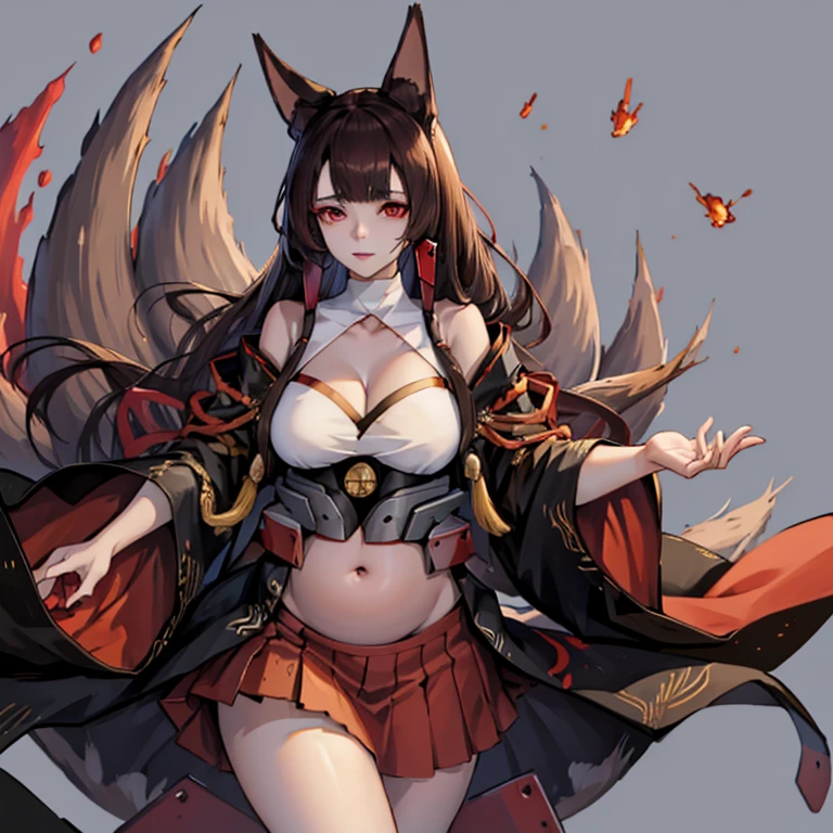 Akagi (Azur Lane), foxgirl, 9 tail, long hair, brown hair, red eyes, makeup on eyes, brown black half kimono, red skirt, red hair clips, red skirt, metal sash, pregnant, exposed belly, big round fat belly, standing, simple background