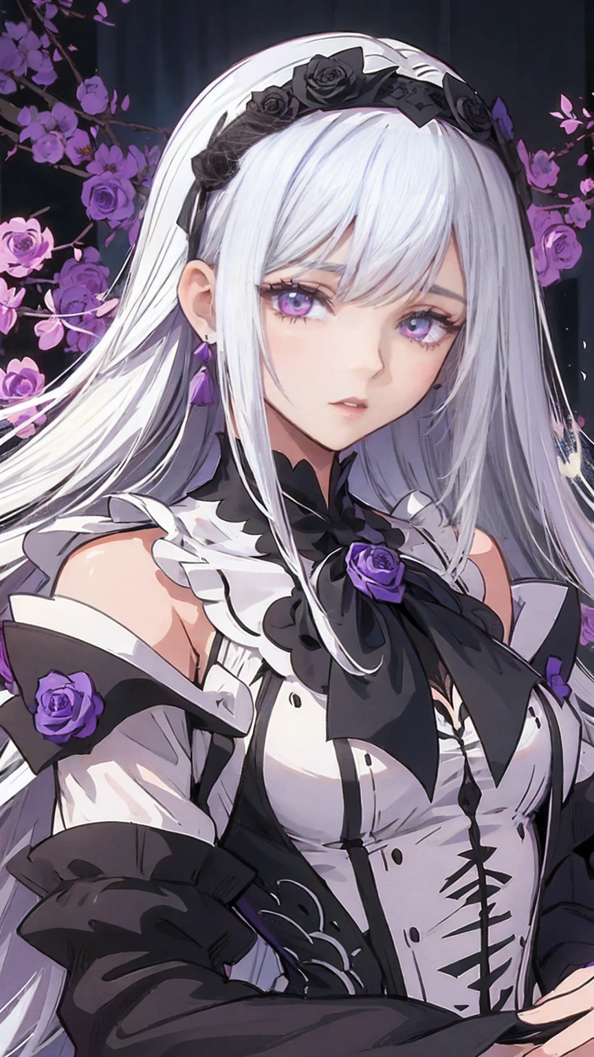 Absurd,  high resolution on down, Super detailed,  high resolution on down,  Masterpiece」, Super detailed picture,  highly detailed face and eyes , suigintou, Silvery white hair,  Expressive Red Eyes ,  Maiden Rose , Alone, woman,  very beautiful, Purple Flower, Park, FOUNTAIN, purple tree, Purple butterfly々,  wear a black headband with black lace The top of the ,  The headband has 2 black ribbons at each end ;  The headband also has a black rosette on each shoulder ,  with a black neck bow tied around her neck ,  and her dress is white and black ,  The chest also has the same rosettes as the headband ,  dress is also decorated with black lace and white ruffles,  The sleeves of the dress are fluffy on each shoulder 
