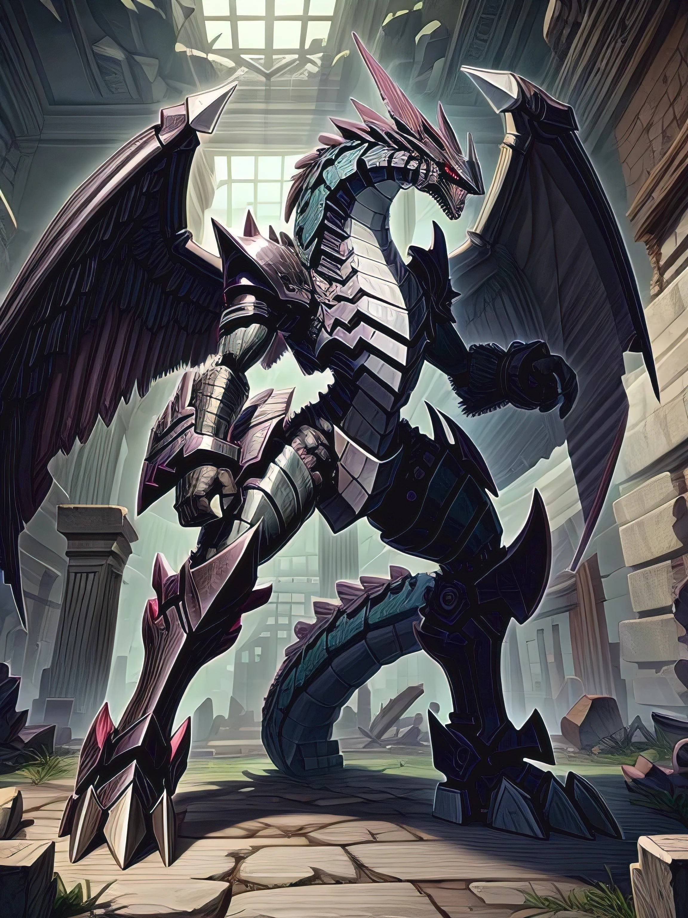  Detailed 8k Behemoth dragon robot with big wings, totally cerulean with black details (Humanoid body)Inside the ruins 