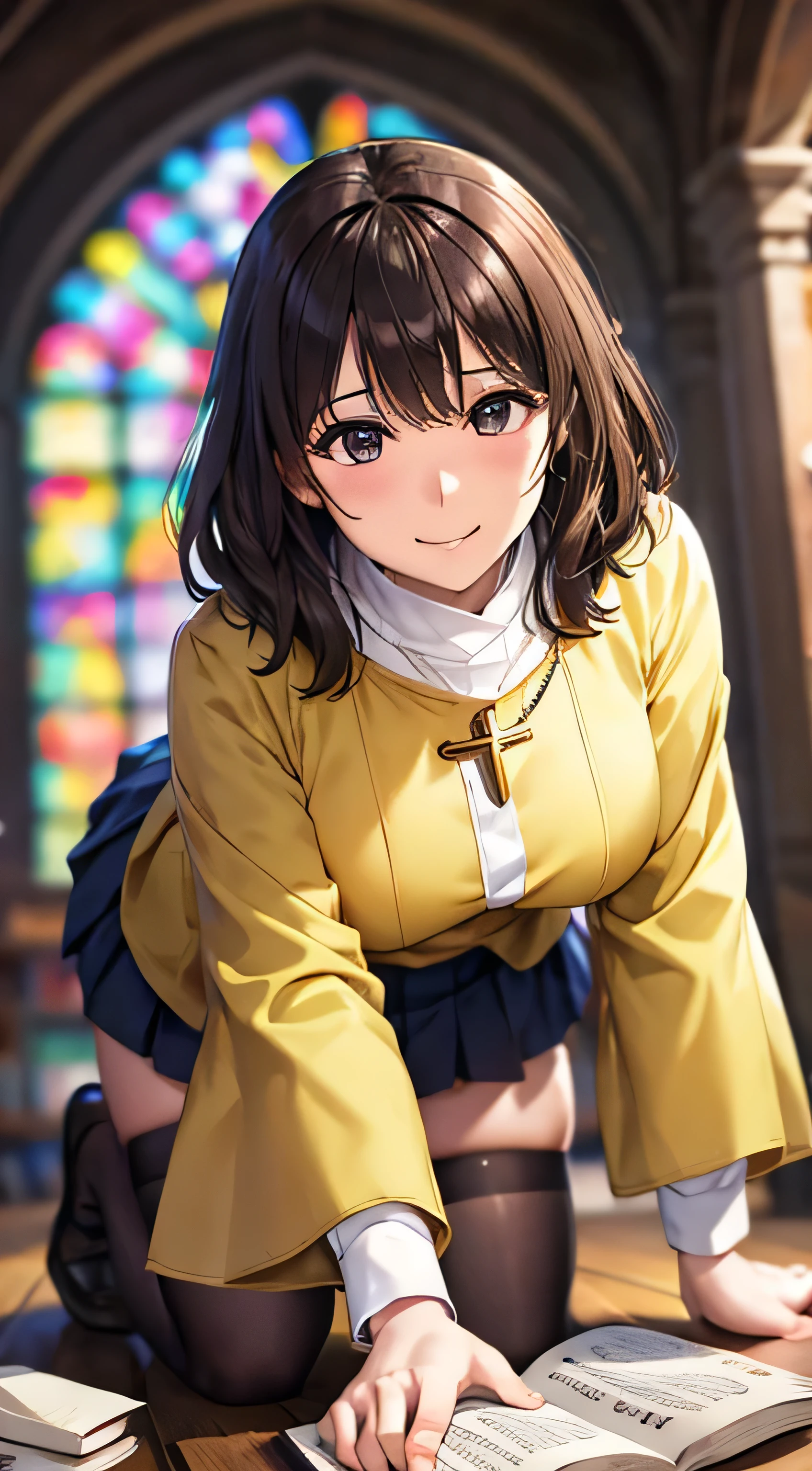((Tabletop, Highest quality, High resolution, , Pixel Perfect, 4K,))), 1 female, 、The whole body is visible、 ((Long Wavy Hair, bangs, Brown Hair)), ((Brown eyes, Beautiful eyelashes, Realistic eyes)), ((Detailed face, Blushing:1.2)), ((Smooth texture:0.75, Realistic texture:0.65, Realistic:1.1, Anime CG Style)), Medium sized breasts, Dynamic Angle, Perfect body, (( , , Beautiful Priest、、 Priest off-shoulder jacket、Priest Flare Skirt、、)), Gold Hair Ornament、Cross Necklace、、Very embarrassing panic smile, 、Gorgeous church basilica、Church Bed、Lying in bed、、Hold a big Bible、、Nipples are slightly visible、、Lace panties are visible、、、、、 、Angle from below)、