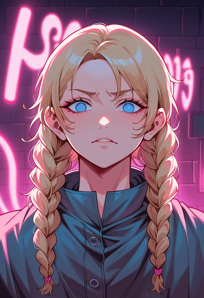 Medium close-up of blonde ,   hairstyle with boxed braids  . 20 years old.  detailed gray-blue eyes . disturbed facial expression,   looking directly at the viewer  , with a finely detailed, Ultra-clear face. Manga longa de lã branca oversized, highly detailed, com contornos grossos e dramatic light,  inspired by Chris Bourassa .  pink neon disc behind .  Background features a weathered brick wall with pink neon light, creating darkness, atmospheric scene. highly detailed,  inspired by Chris Bourassa 's. dramatic light,  pink neon lamp lights .  Dark character design with thick outlines .  pink neon disc behind 
