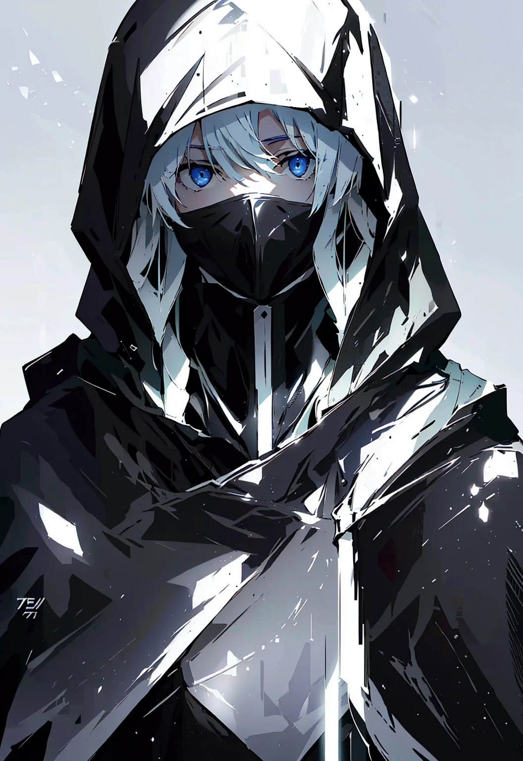 ((( White background, Good eyesight 、 viewer with strong eyesight ))), ((  hood to cover face  ,Only the mouth is visible from the hood,  I can't see my face  ,Wearing a hood,woman)),  Best Quality,  light blue long hair , 白のフードで  I can't see my face  , whole body,  very detailed、 High image quality、 High image quality、 The Depth of Written Boundaries ,ice control