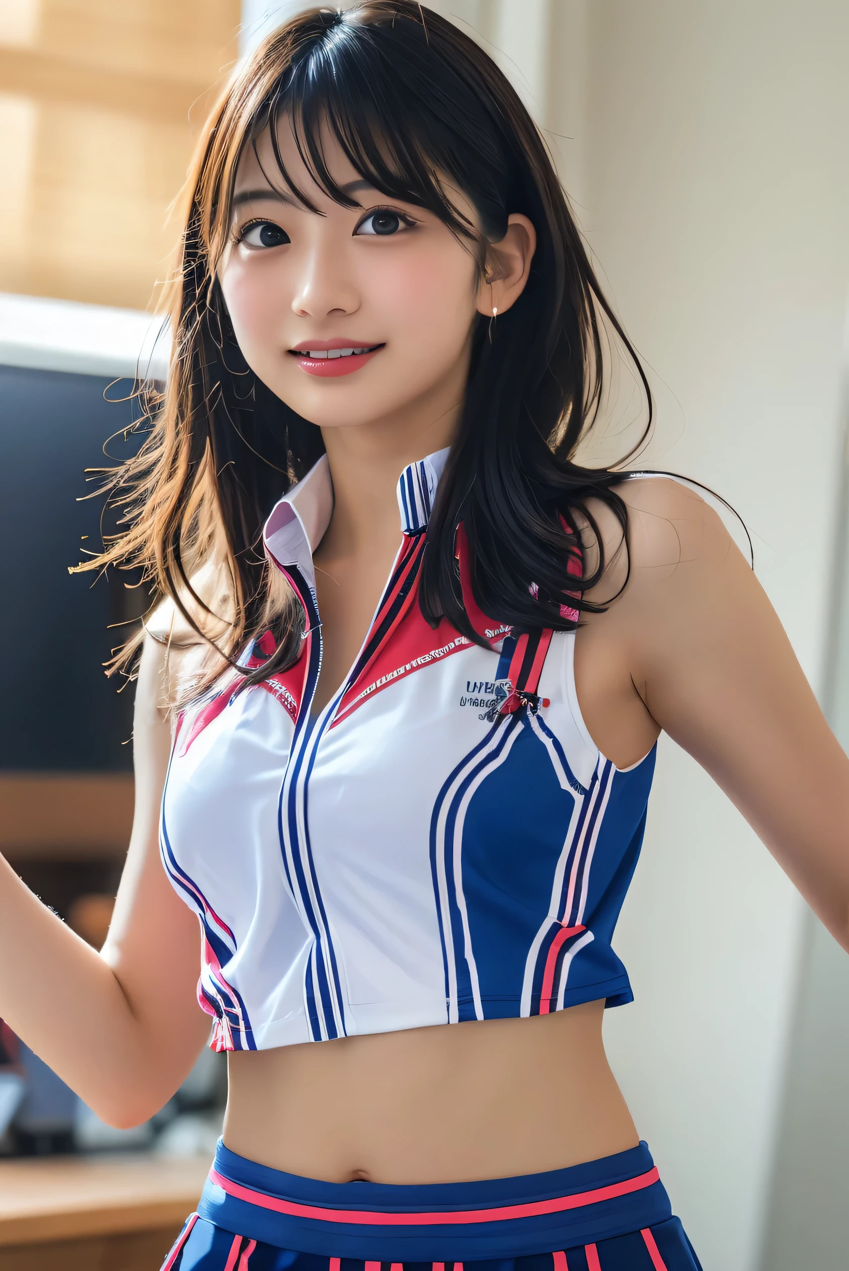 Pure Japanese cheerleading girl, outstanding body, shiny white skin, wearing cheerleading uniform, ponytail, sweet smile, sexual temptation, refreshing in early summer morning, professional portrait photography, 