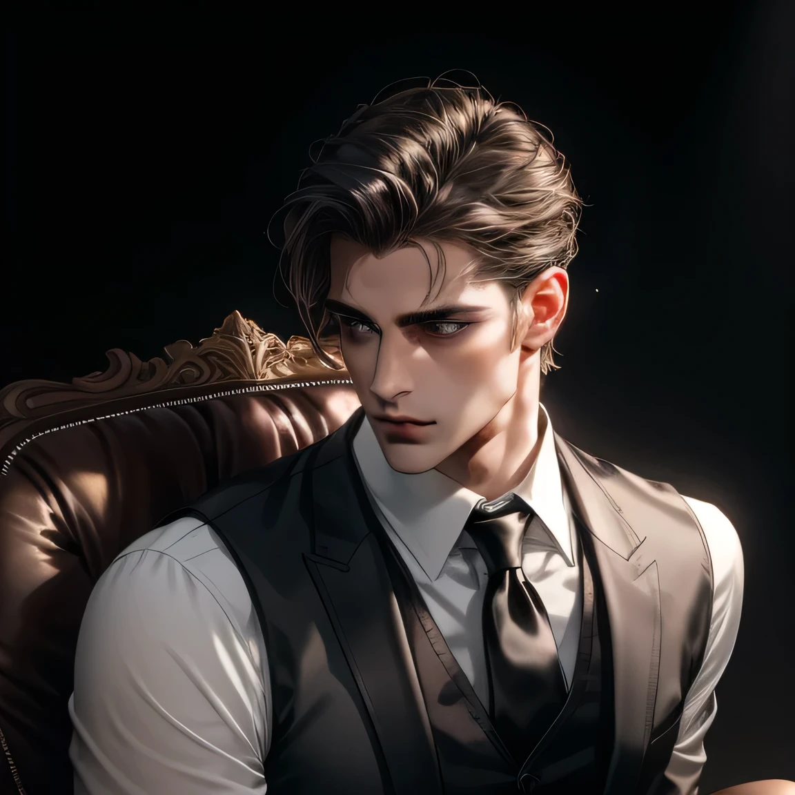 (masterpiece, best quality , Super Big _ Details, high resolution ,absurd), male focus, (Handsome Man ) alone, Mature man, Mature men, Deep facial features, dark blonde hair,chain, (( Over Shoulder Close-up)), Black Suit, shirt, black tie , Abstract , grey eyes, upper body, Vest, short hair, light grey eyes, Eyes away from viewer , with slightly separated lips , Collared shirt , white shirt, dark background, Black Vest, jewelry (look away:1.2) best quality, masterpiece, Bloom, movie lighting effects, meditation, serious, Strong Emotions Flashing in the Eyes, Godly Calm , Calm, Desire ,looking away from camera, Leather Chair Background, sitting on office chair, Single