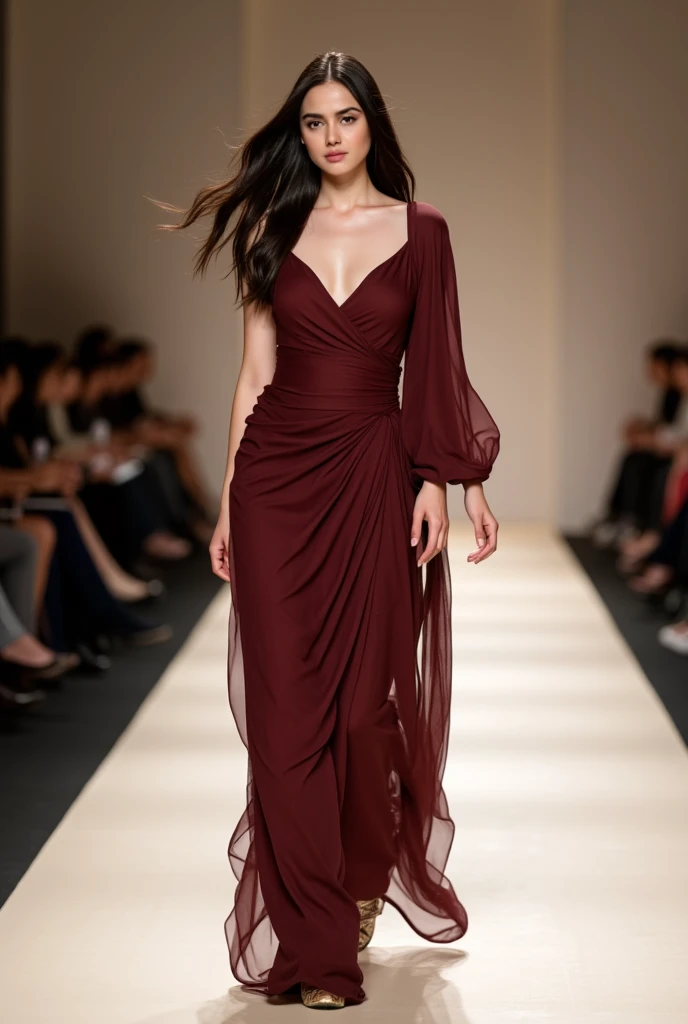 a young woman with long dark brown hair, beautiful young woman wearing dress, fashion show