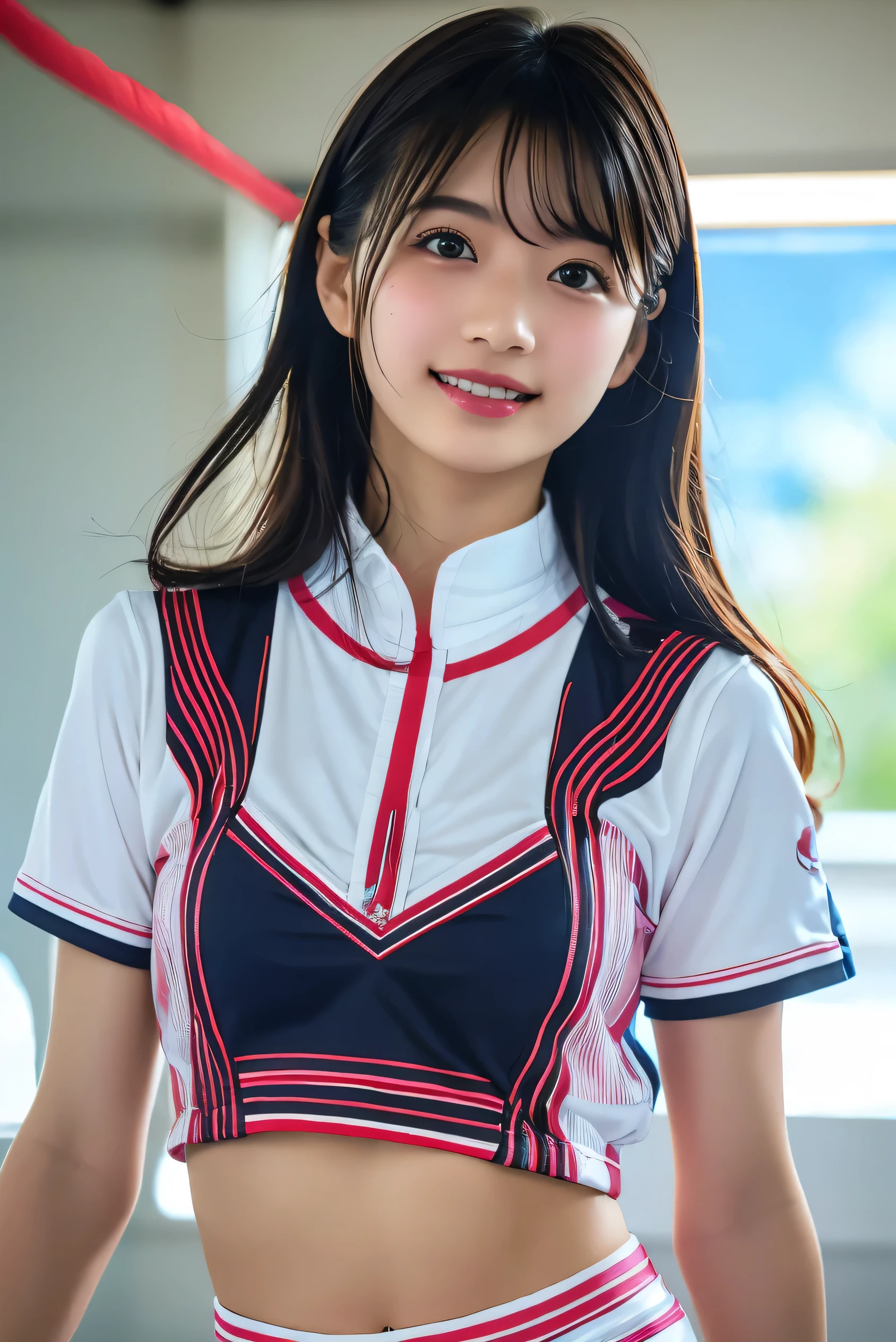 ((highest quality, masterpiece :1.3)), Photorealistic、Ultra-high resolution、Natural skin texture、Hyperrealism、Reflection from the waist up、Beautiful Japanese girl in her early teens、One girl、Larger breasts、Pink cheerleader uniform、Frightened expression、Eyes are unfocused