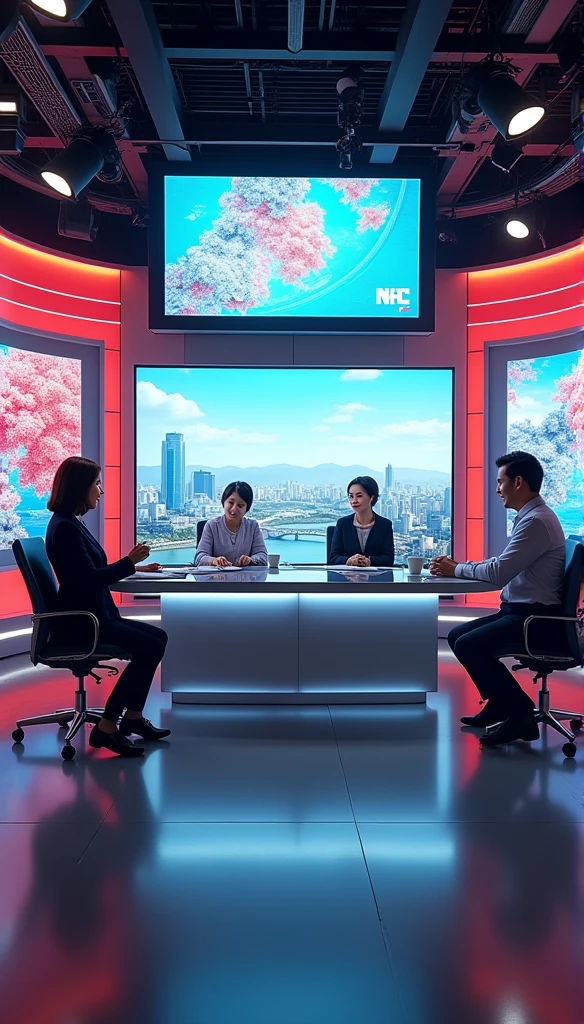 news anchors, large on-air studio, giant monitors, staffs,