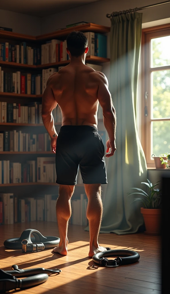 black man shirtless from the back with no tattoos, wearing only gray shorts, [no tattoos], [shirtless], muscular build, [athletic body], [standing], [back view], [dark skin], [short hair], [gray shorts], [athletic physique], [fit physique], [masculine appearance], [casual style], [subtle muscles], [relaxed posture], [neutral expression], [simple outfit], [gentlemanly], [confident stance], [well-defined muscles], [imposing presence], [charismatic], [strong physique], [timeless elegance], [graceful silhouette], [captivating aura], [powerful physique], [focus on back muscles], [highlighted body contours], [impressive posture], [striking silhouette], [striking visual], [artistic portrayal], [bold composition], [dramatic lighting], [enhanced details], [high contrast], [striking visuals], [dynamic pose], [expressive pose], [attention to anatomy], [attention to details], [emphasis on body shape], [intense gaze], [impressive physicality], [captivating form], [impeccable proportions]