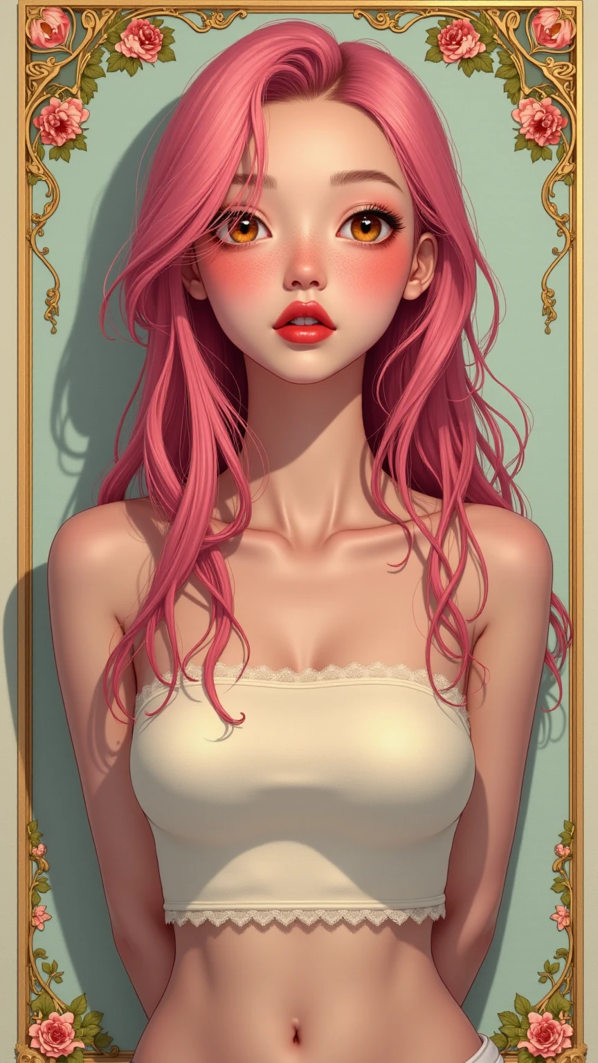 (best quality, highres), portrait, upper body, young cool type girl, long hair, swept-side bangs, [[[pink hair]]], orange eyes, small breasts, plain wall, ultra detailed cg, hyperrealistic and photorealistic style, detailed skin texture and coloring, (underboob), tube top, red lips, surreal, art nouveau, in the illustrative style of moebius, magical, mystical, psychedelic, fantasy, ethereal, gold border, graphic novel, line drawing, traditional, vintage, elegant, chic, sophisticated, (arms behind back), ulzzang, high school girl、Slender、Slender body、sweet, asian high school girl, freckled face, heavy blushing, 
